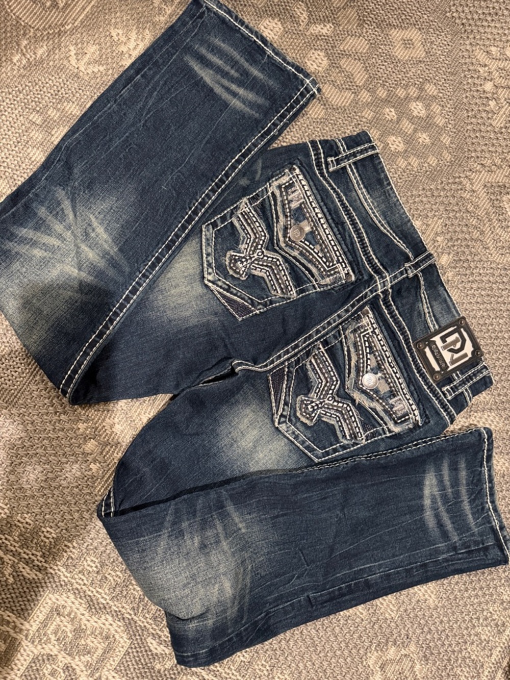Dark Blue Distressed Men's Jeans with Contrast Stitching